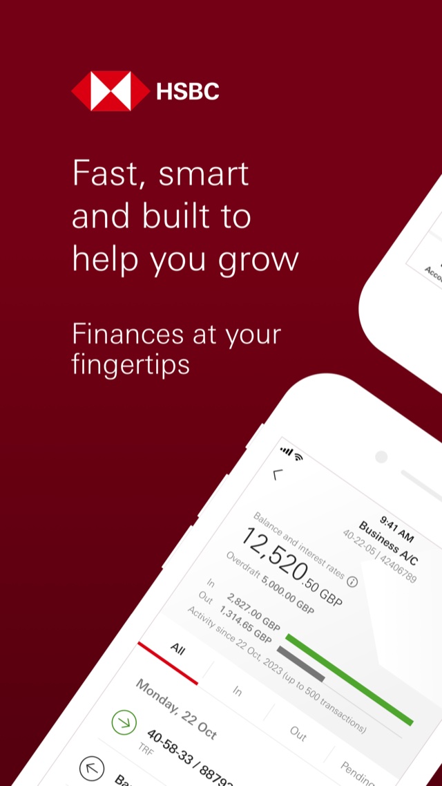 HSBC UK Business Banking App Store image: a tilted phone showing a business account balance and recent activity.