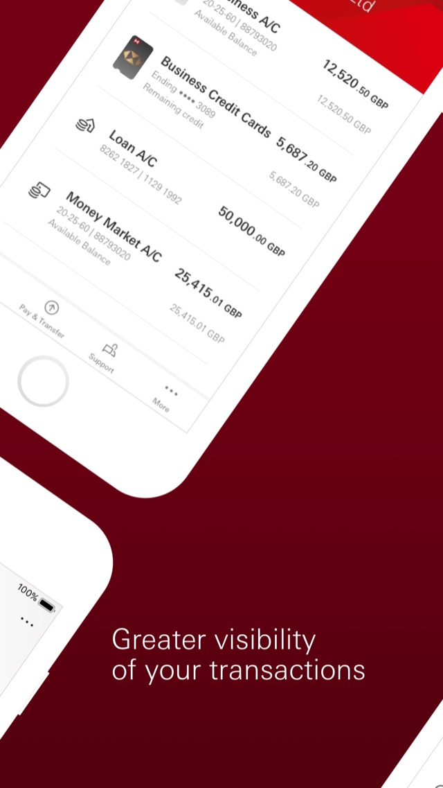 HSBC UK Business Banking App Store image: a tilted phone showing a list of business accounts, credit cards, a loan and a money market account with balances.