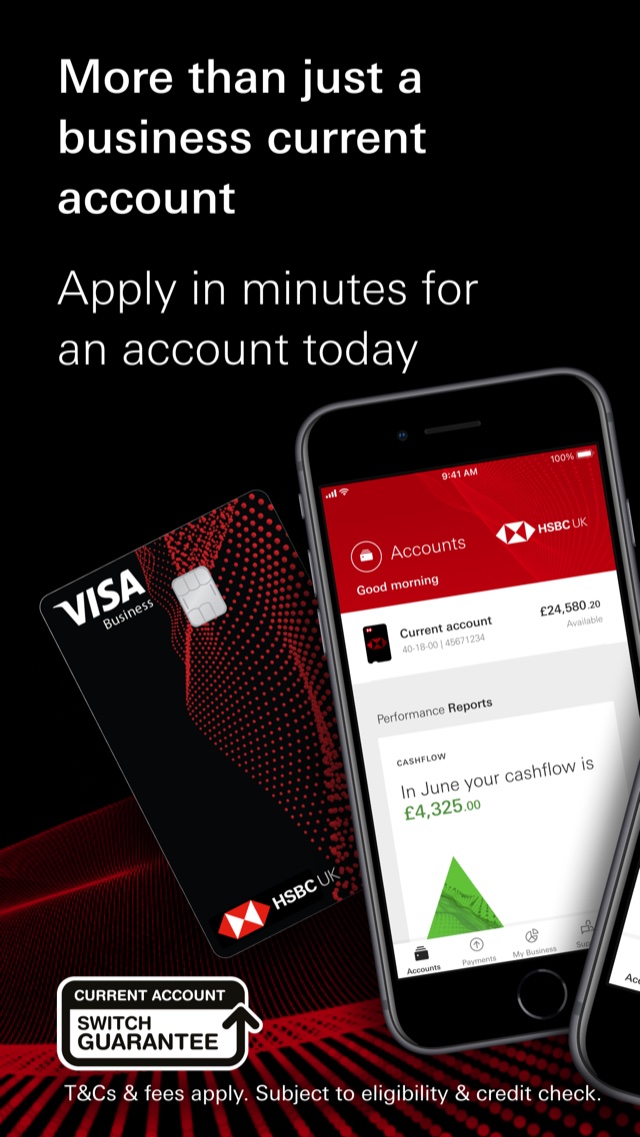 HSBC Kinetic App Store image: a business current account promotion beside a phone showing an accounts screen with a cashflow report.