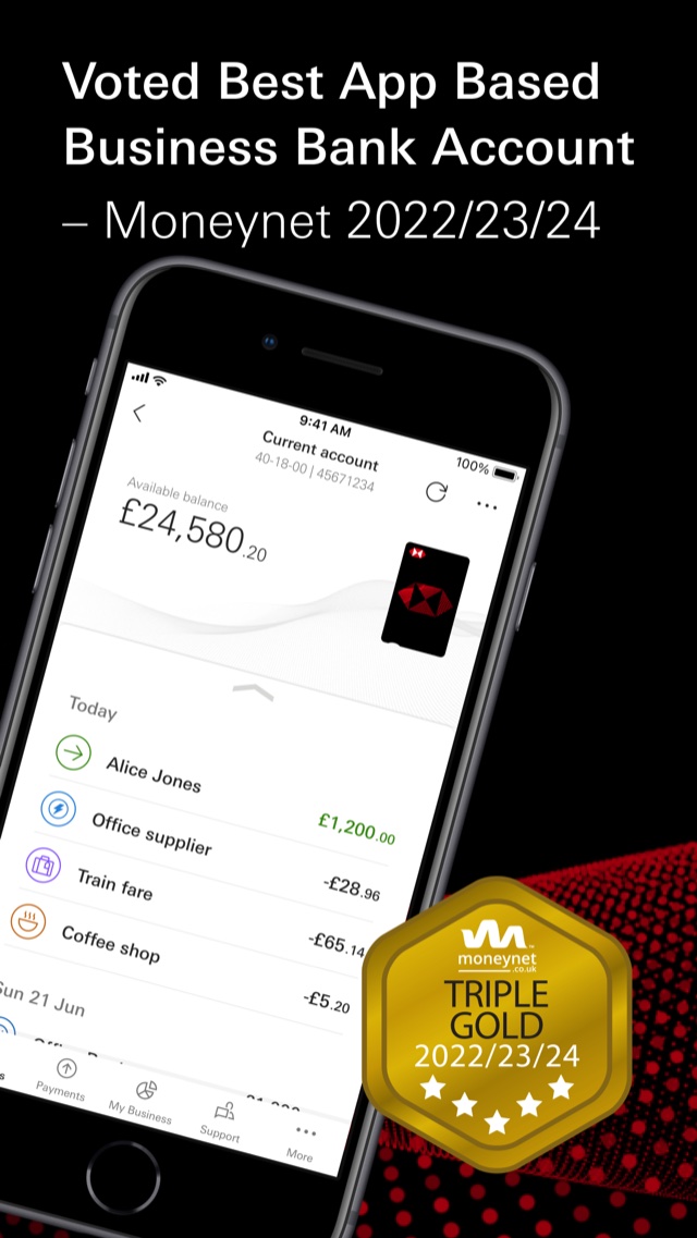 HSBC Kinetic App Store image: an award claim beside a phone showing a current account screen with available balance and a transaction list.