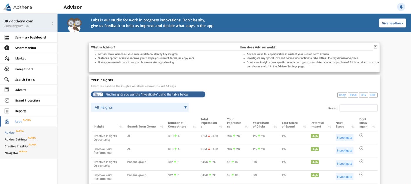 The Advisor alpha built in the Labs section of the app.