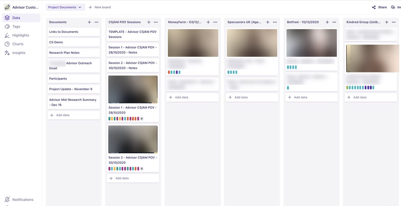 Analysing user interviews in Dovetail, with tagged themes.