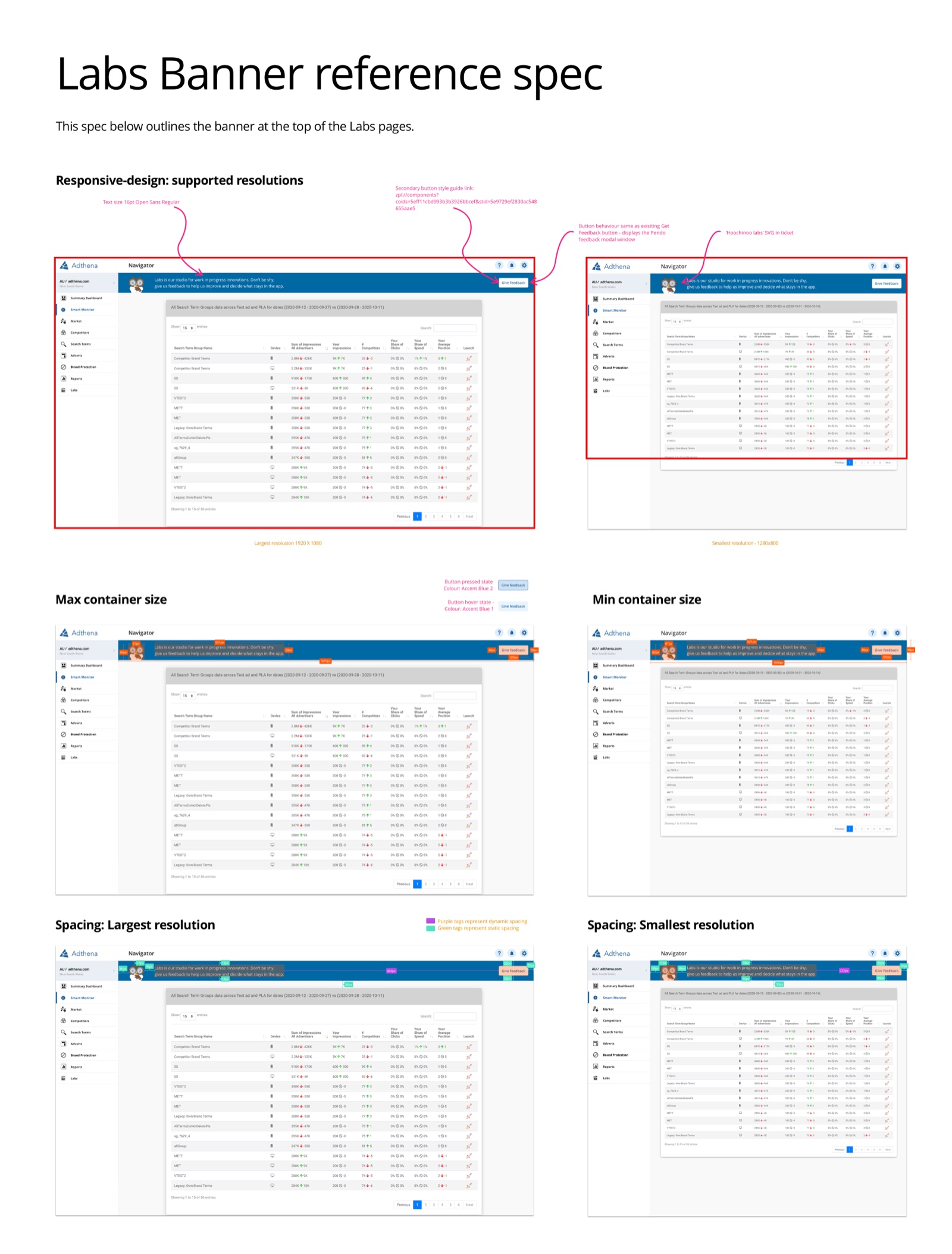 The Labs feedback banner reference spec, prepared in Sketch for developers in Zeplin.