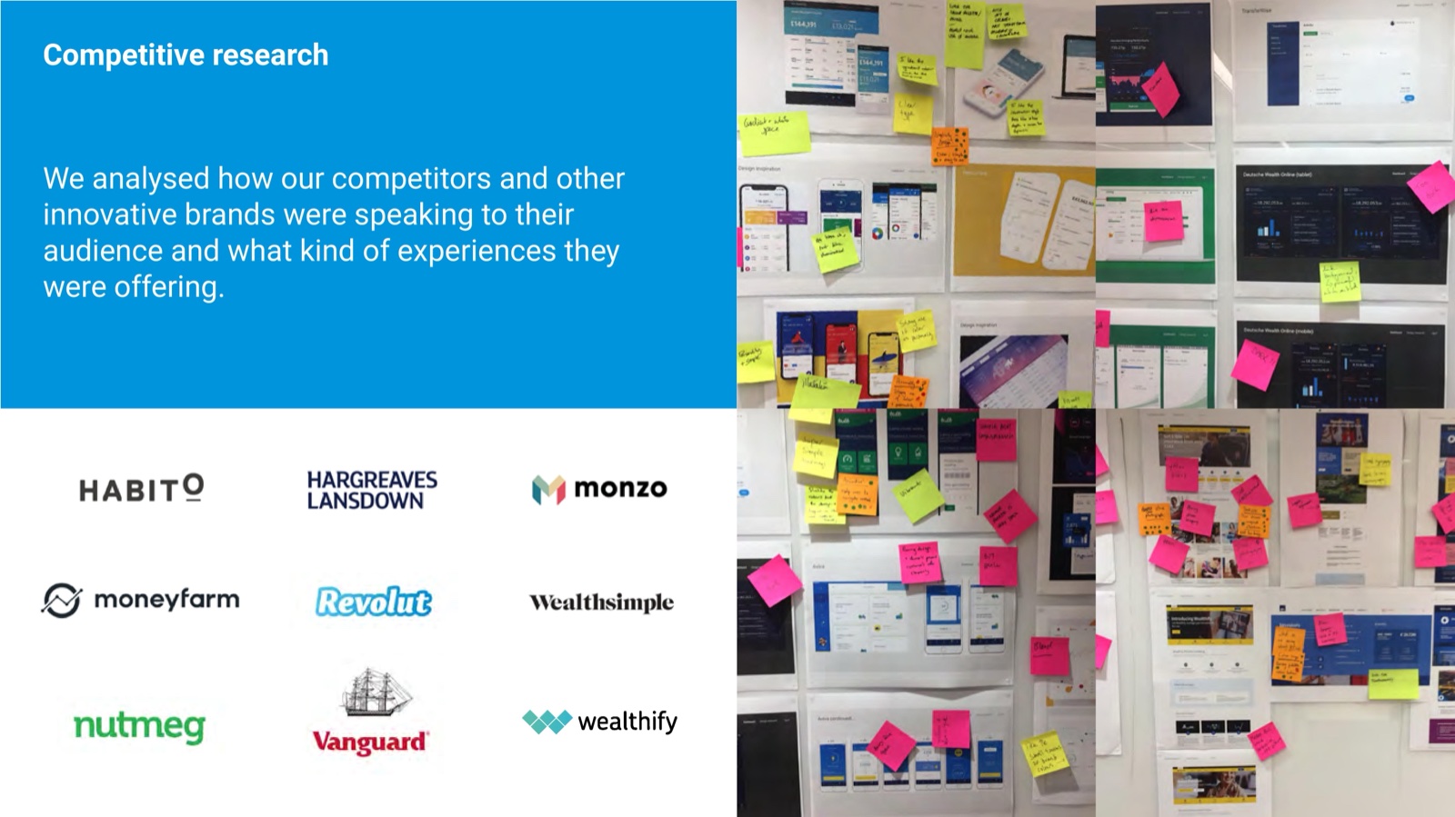 Competitive research wall comparing fintech and wealth brands with feedback notes.