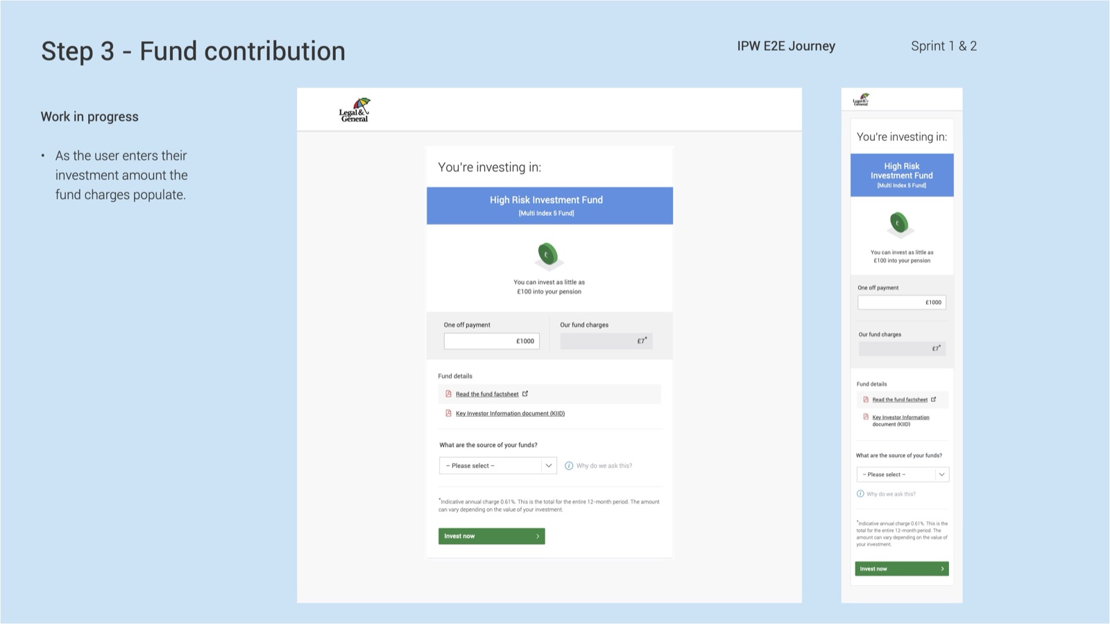 Fund contribution step of the pension journey, shown on desktop and mobile with annotation.