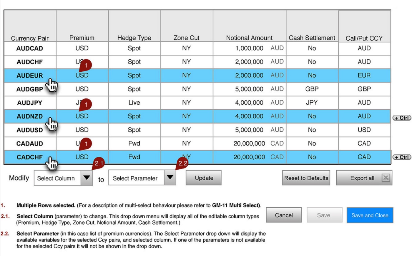 FX platform user preferences design, detailed view.